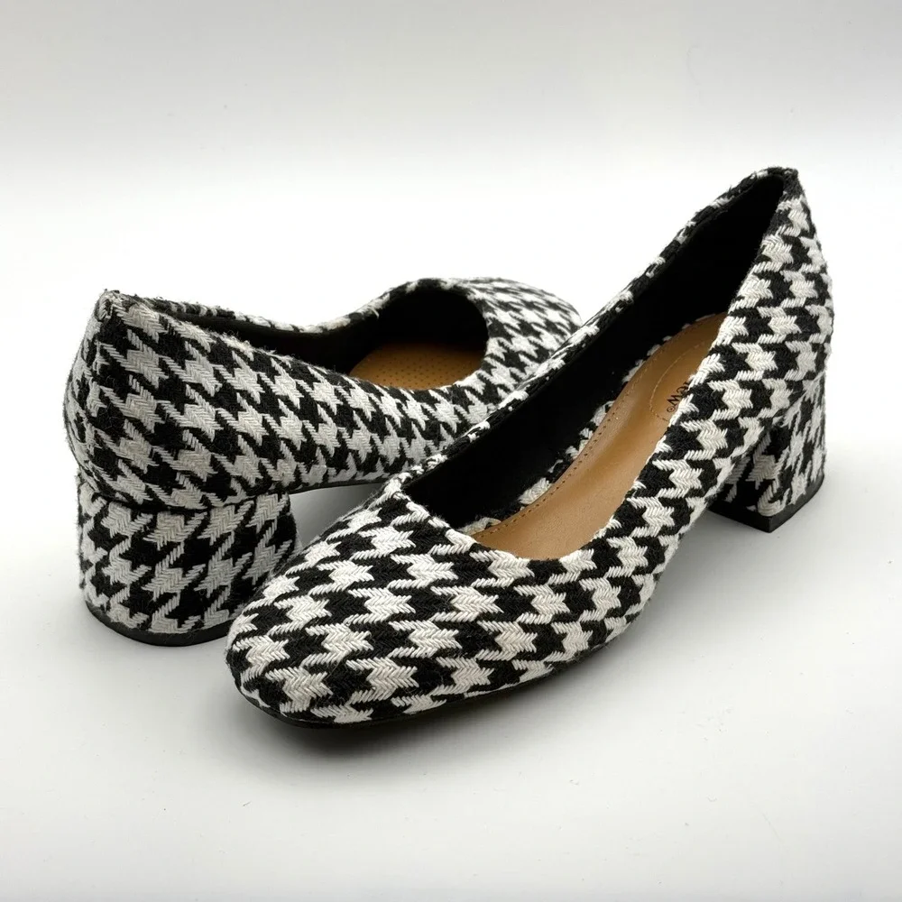 Comfortview Marisol Houndstooth Block Heel Pumps Black White Square Toe Shoes 9M